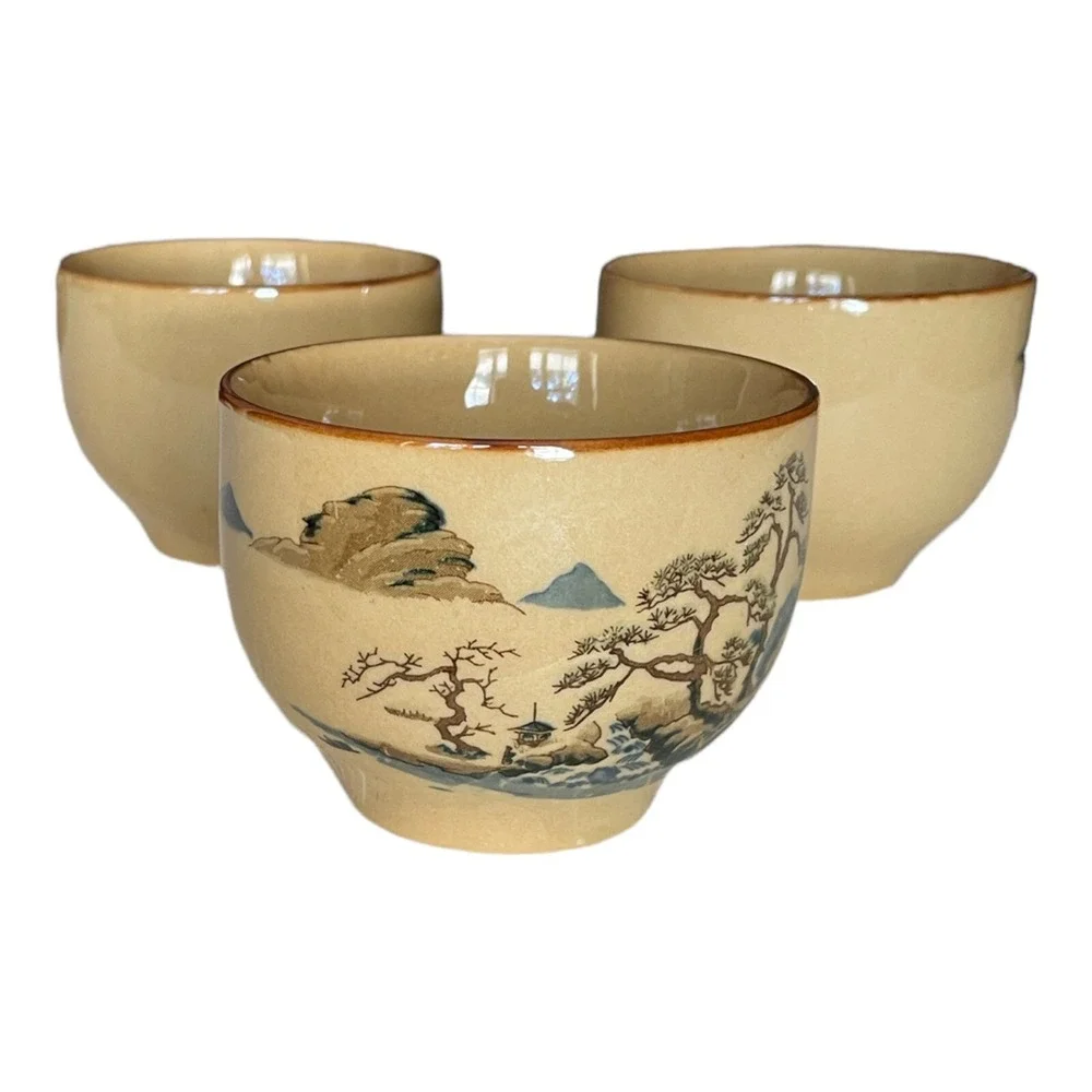 3 Vintage SAKI Japanese Sake/Tea Cups Tan with Landscape Ceramic Asian Decor